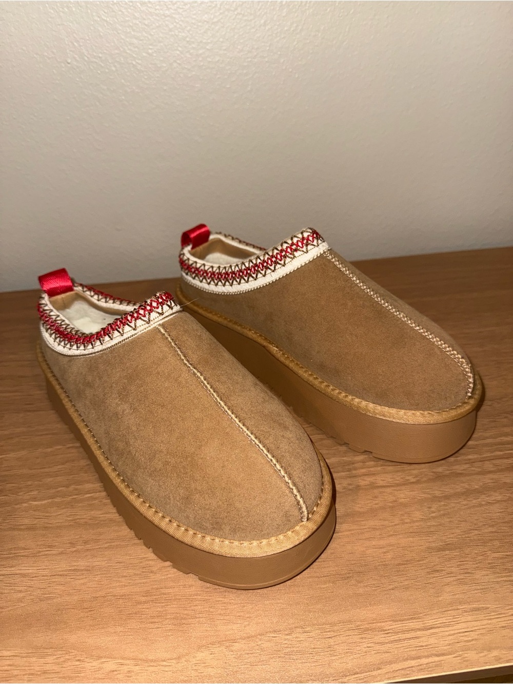 CCOCCI Tan Suede Platform Mules with Red Trim. New, no box